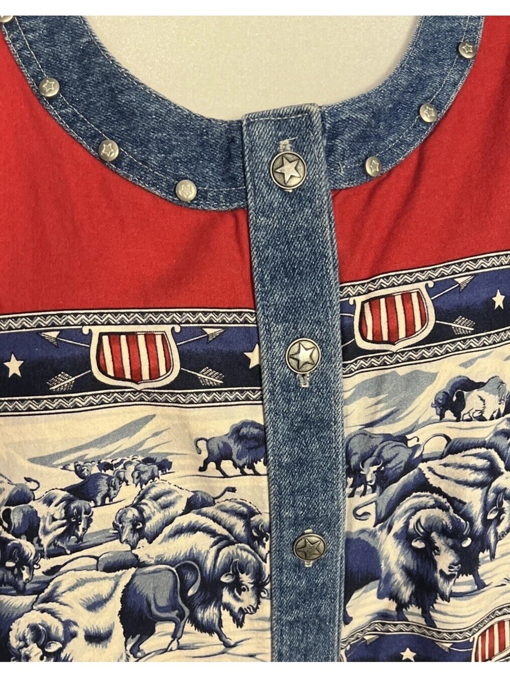 VTG 90s Roper Buffalo Bison Western Shirt Womens L Red Denim Trim Americana